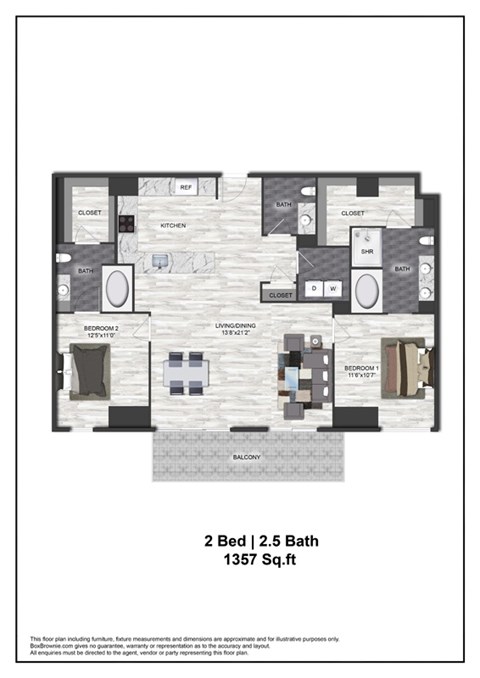 Floor plan for 2 beds, 2 baths, 1357 sqft